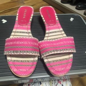 Prada Jacquard slide sandals with wood heel